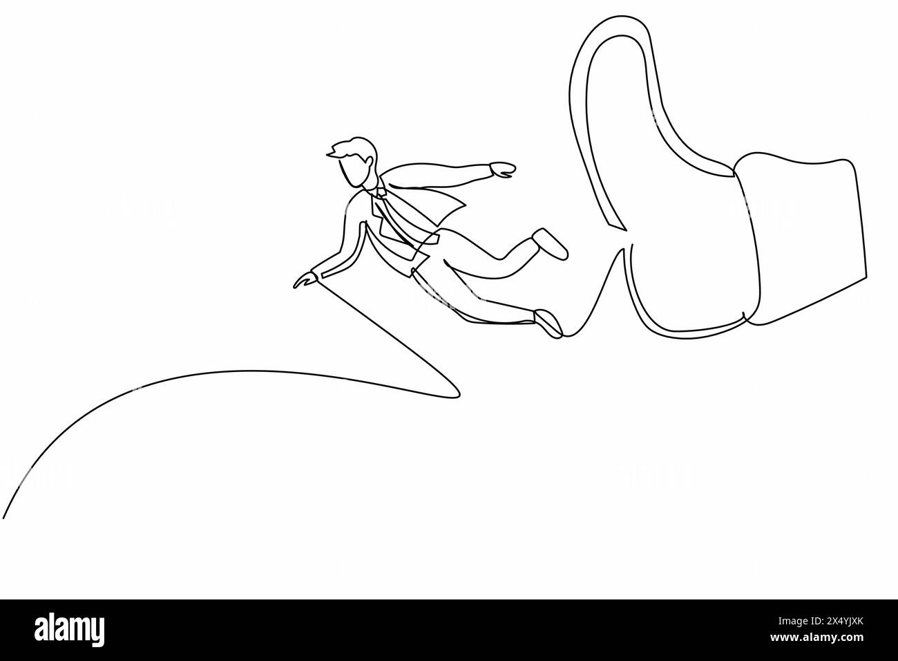 Single continuous line drawing businessman getting fired, flying through air after being kicked in the back. Male employee become jobless from company Stock Vector