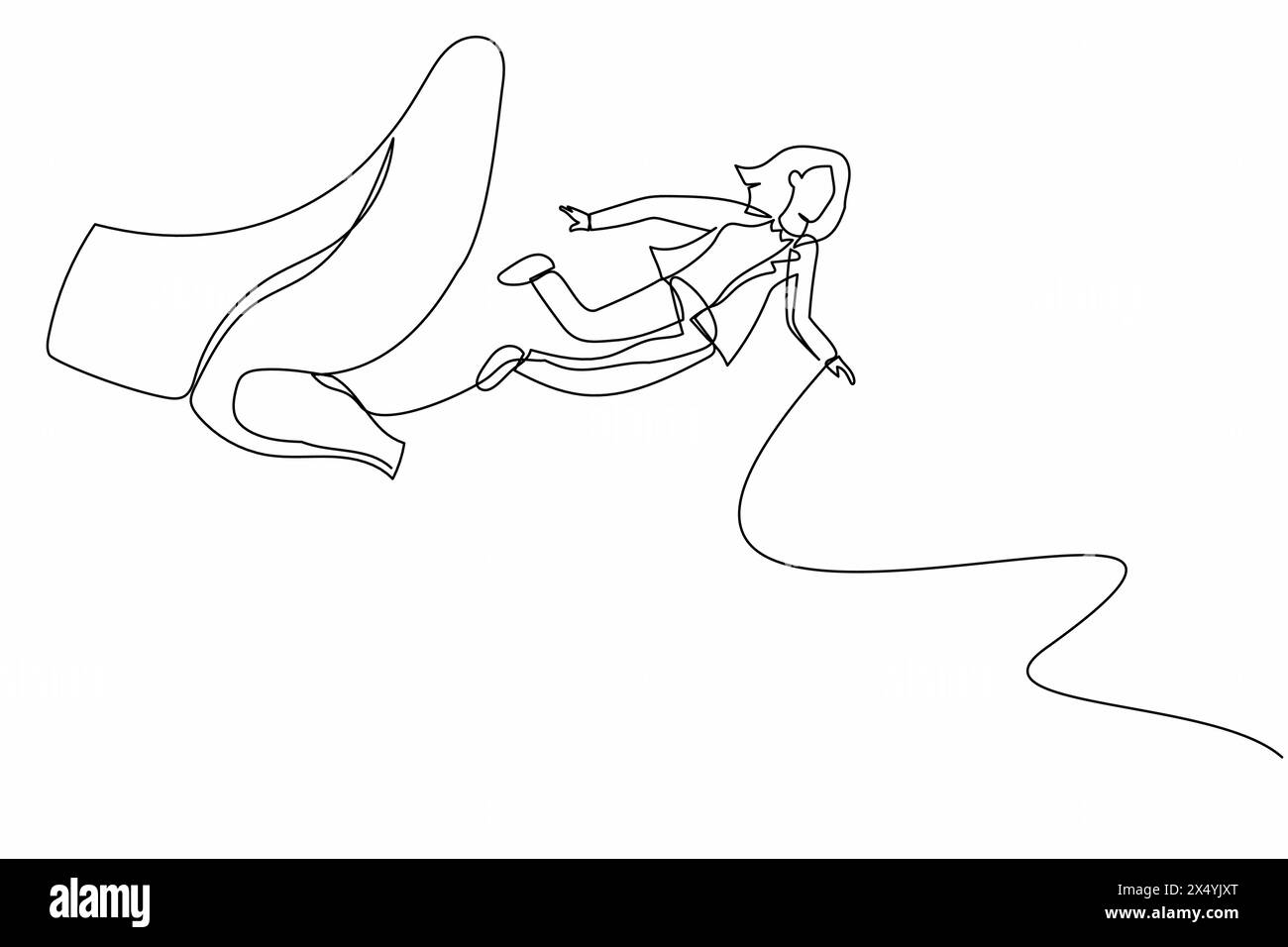 Single one line drawing businesswoman getting fired, flying through air after being kicked in the back. Minimalism metaphor concept. Modern continuous Stock Vector