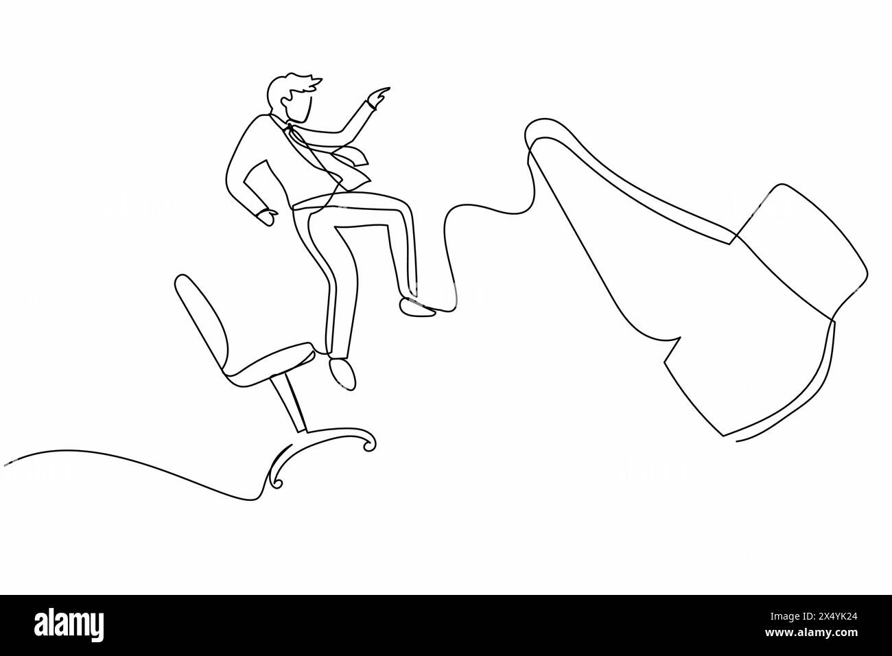 Continuous one line drawing unhappy small businessman kicked out by big foot from chair. Employee kicked out of work. Dismissal of staff. Unemployment Stock Vector