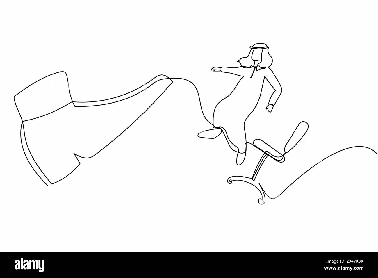 Continuous one line drawing failed small Arabian businessman kicked out by big foot from chair. Manager kicked out of work. Dismissal of staff, jobles Stock Vector