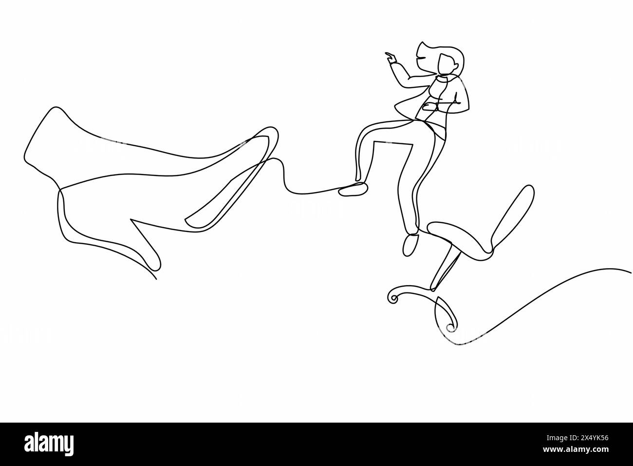 Continuous one line drawing unlucky small businesswoman kicked out by big foot from chair. Staff reduction, fired manager. Minimalist metaphor concept Stock Vector