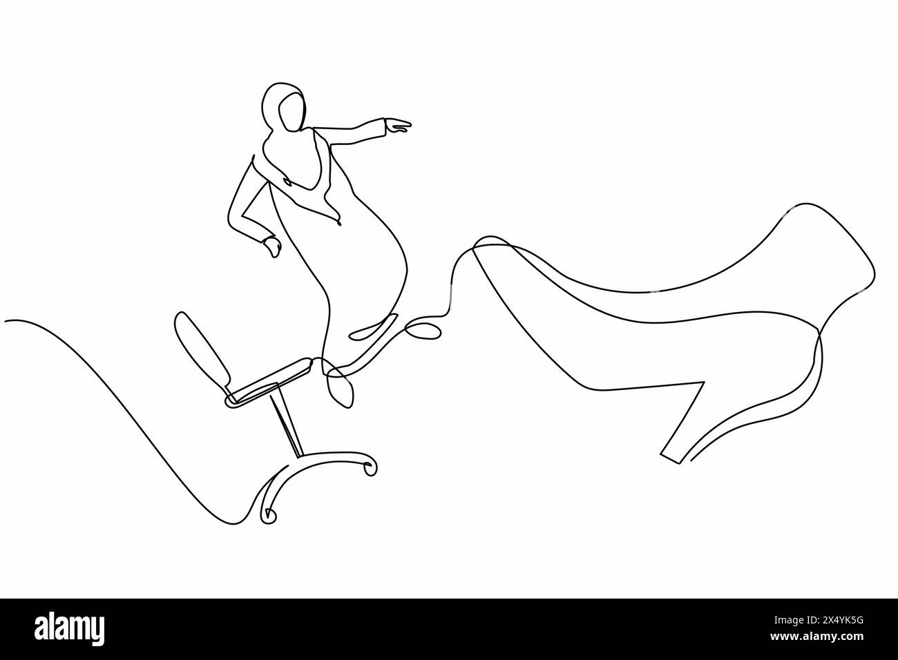 Single one line drawing unhappy small Arabian businesswoman kicked out by big foot from chair. Staff reduction, fired worker. Minimal metaphor. Contin Stock Vector