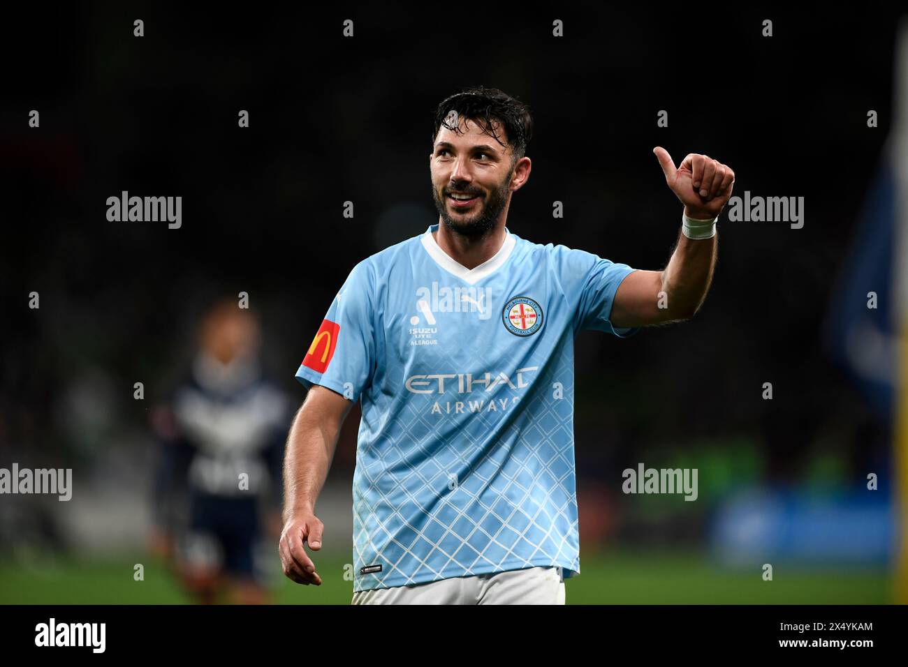 MELBOURNE, AUSTRALIA. 5 May, 2024. Pictured: Tolgay Arslan of Melbourne City gives the thumbs up to the Melbourne City supporters at the A Leagues Soccer elimination finals, Melbourne Victory FC v Melbourne City FC at Melbourne's AAMI Park. Credit: Karl Phillipson/Alamy Live News Stock Photo