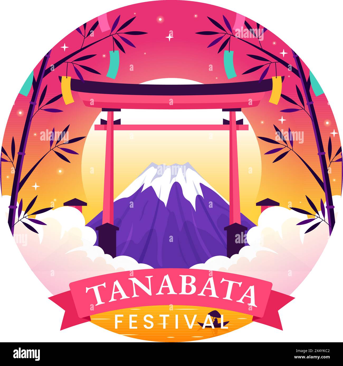 Tanabata Japan Festival Vector Illustration with People Wearing Kimono and Peonies Flowers in National Holiday Flat Cute Cartoon Background Stock Vector