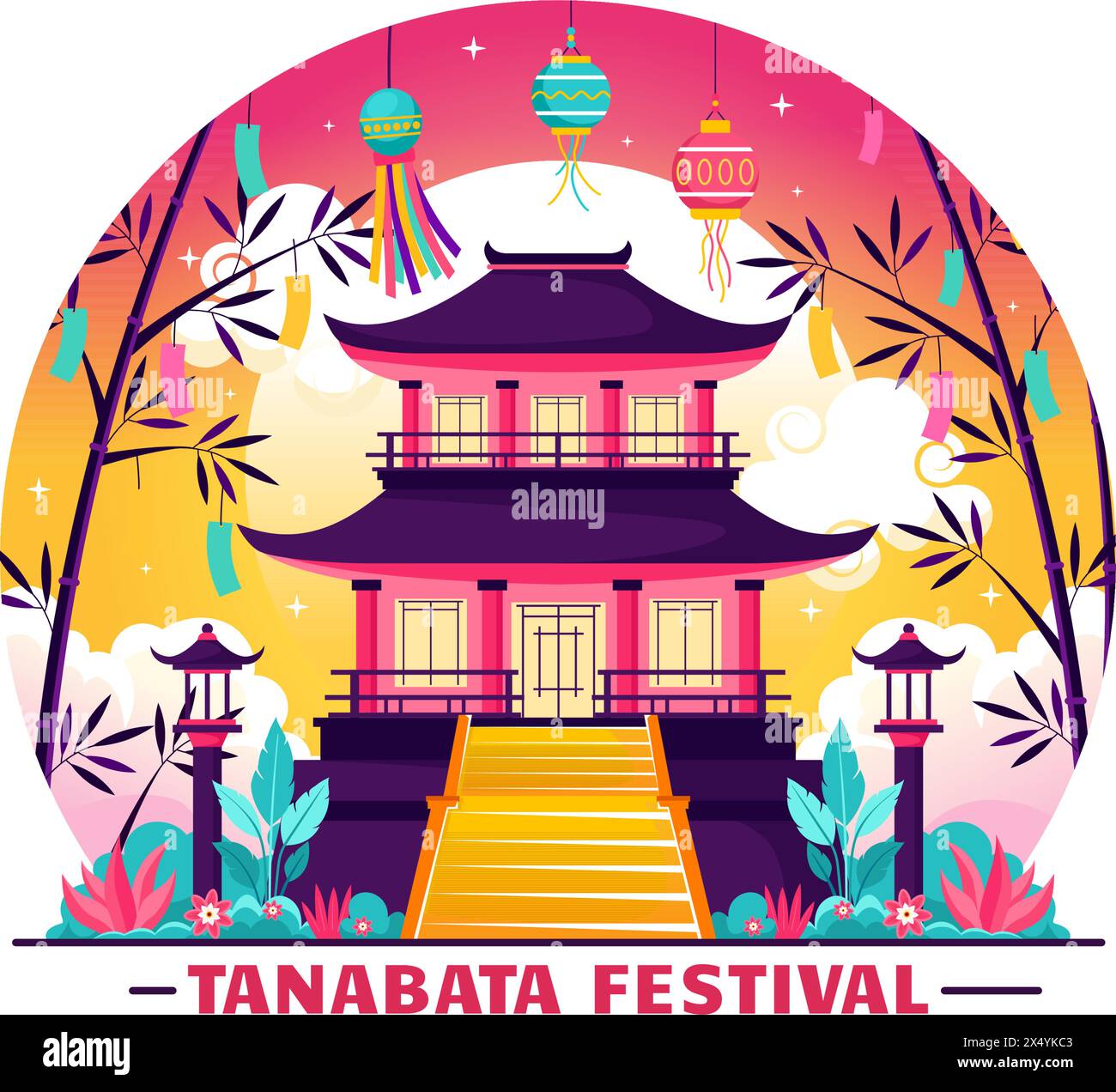 Tanabata Japan Festival Vector Illustration with People Wearing Kimono