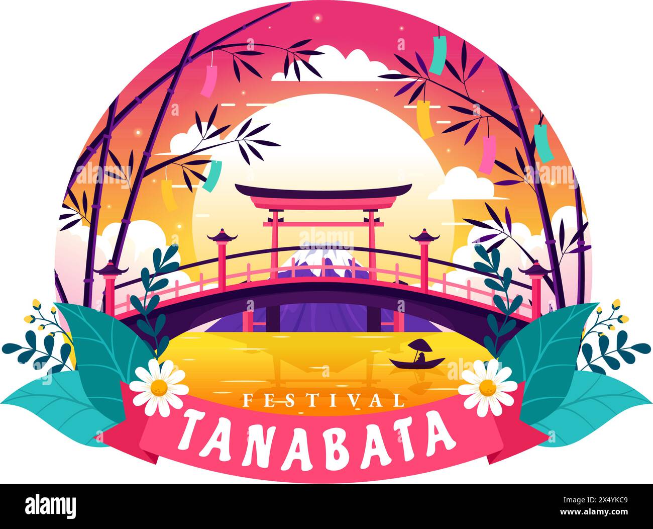 Tanabata Japan Festival Vector Illustration with People Wearing Kimono and Peonies Flowers in National Holiday Flat Cute Cartoon Background Stock Vector