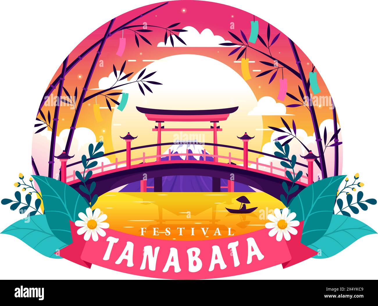 Tanabata Japan Festival Vector Illustration with People Wearing Kimono