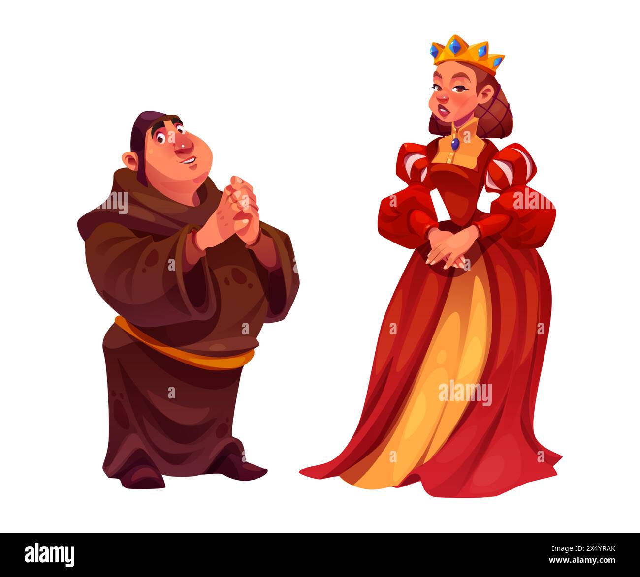 Medieval people vector. Cartoon princess and man from middle age fairytale. Fantasy renaissance queen costume. Royal person dress and young male robe isolated collection for historical carnival Stock Vector