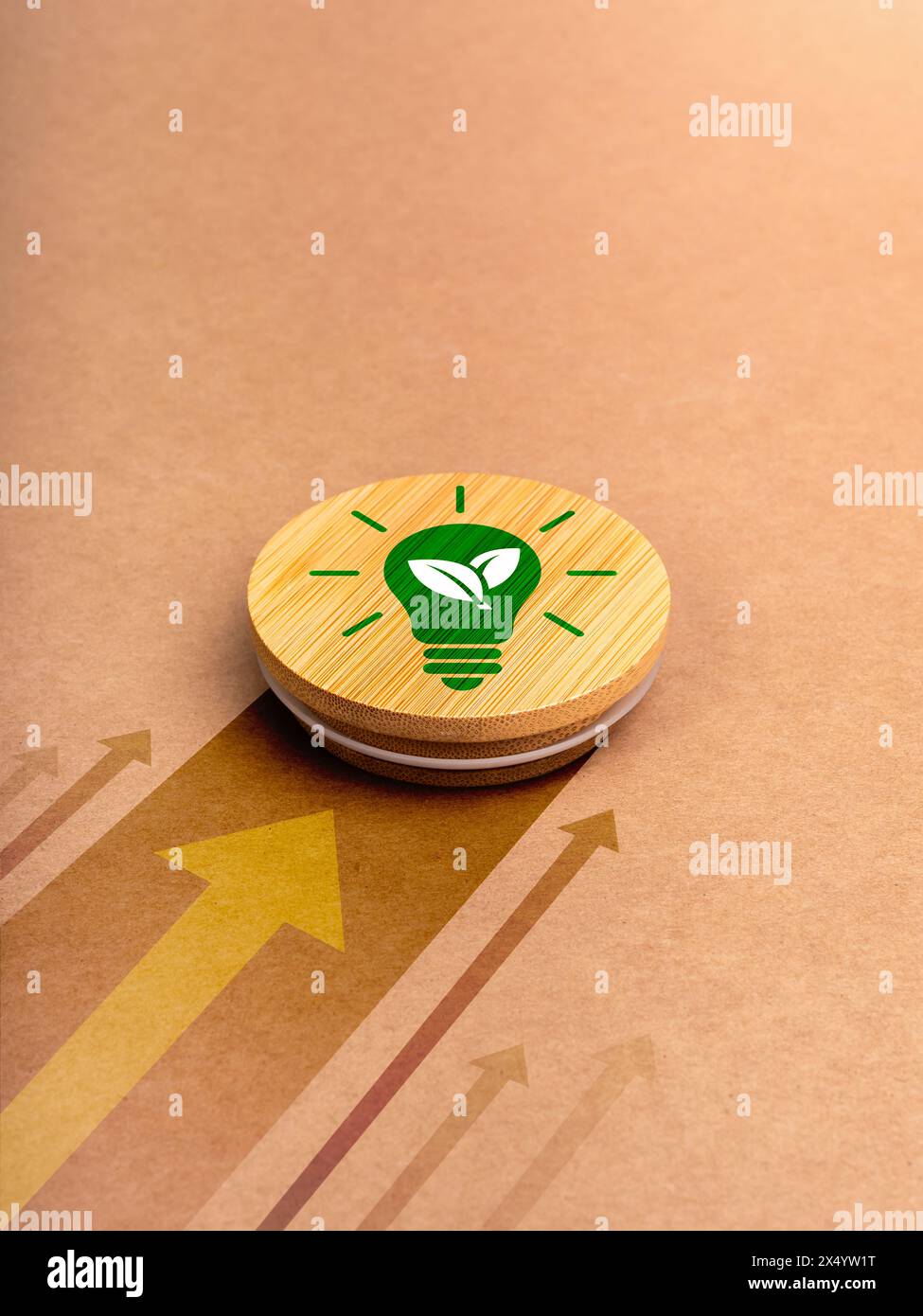 Green power energy icon with lightbulb and leaf symbol on round wood