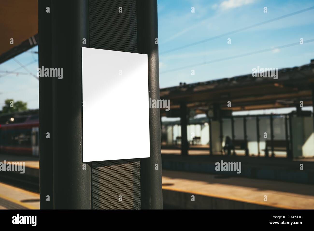 Information sign board mockup on train station, selective focus Stock Photo