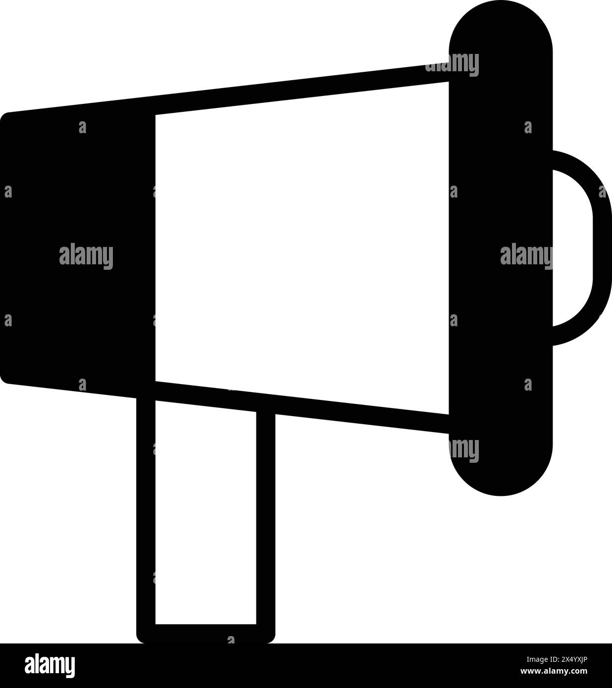 A large black and white megaphone with a red button on the top. The megaphone is a symbol of loudness and authority Stock Vector
