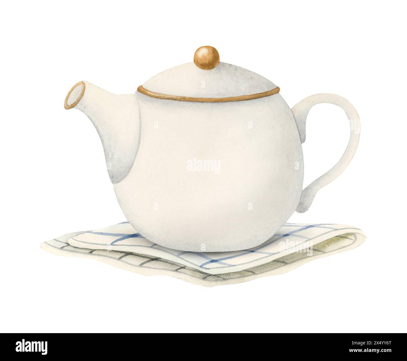 White ceramic teapot on striped table napkin or towel watercolor illustration for cafe menu, herbal tea packages Stock Photo