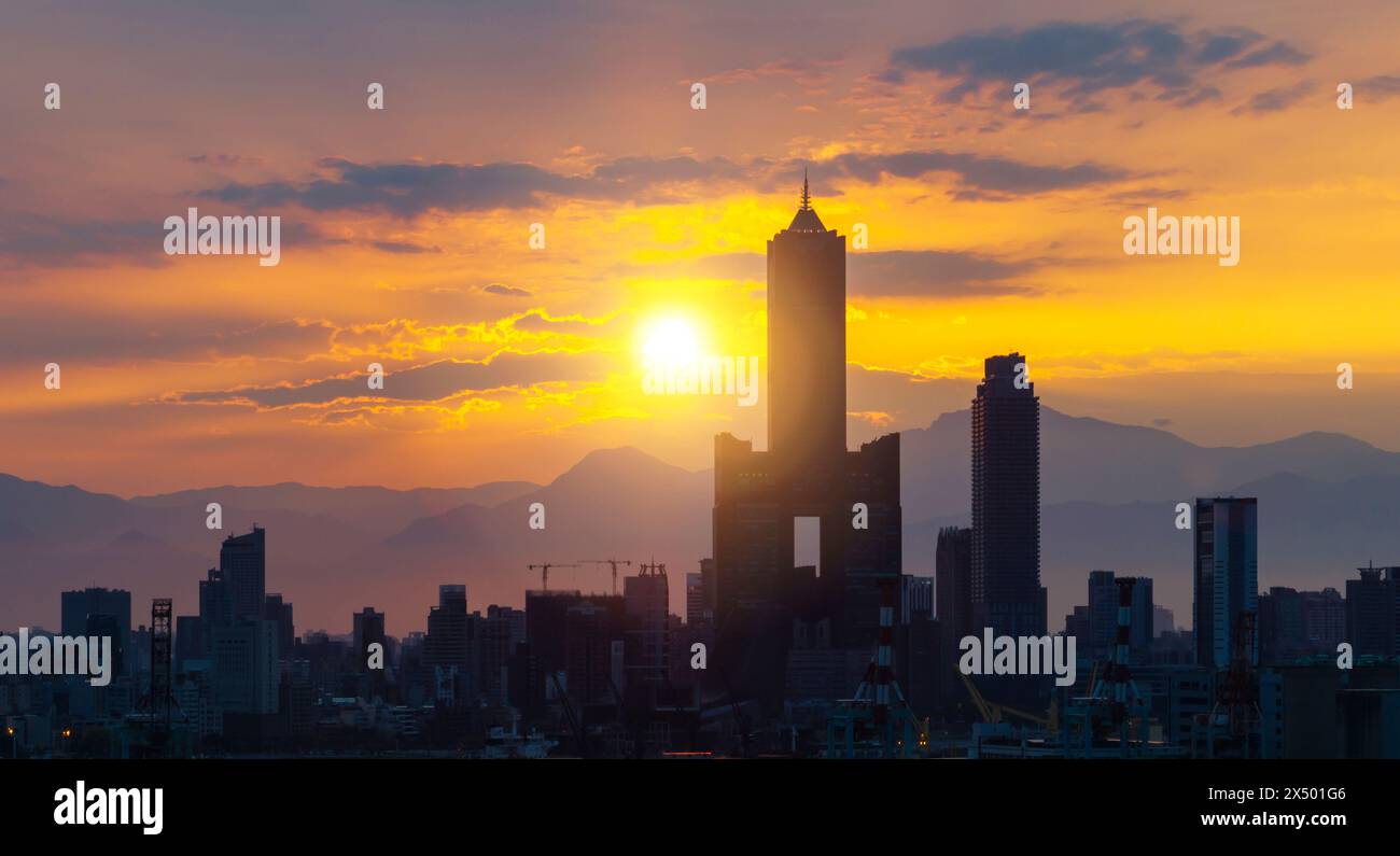 Aerial view panoramic of kaohsiung city harbor at sunrise ,Taiwan. Stock Photo