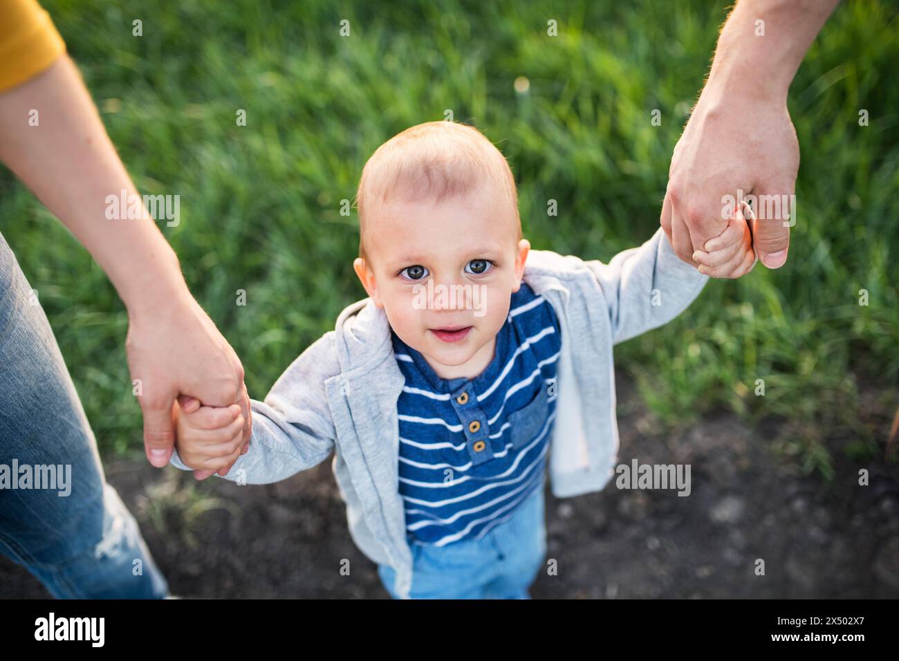 New parents holding small toddler, by hands, swinging him. Family outdoors on walk in spring nature. Happy family moment Stock Photo