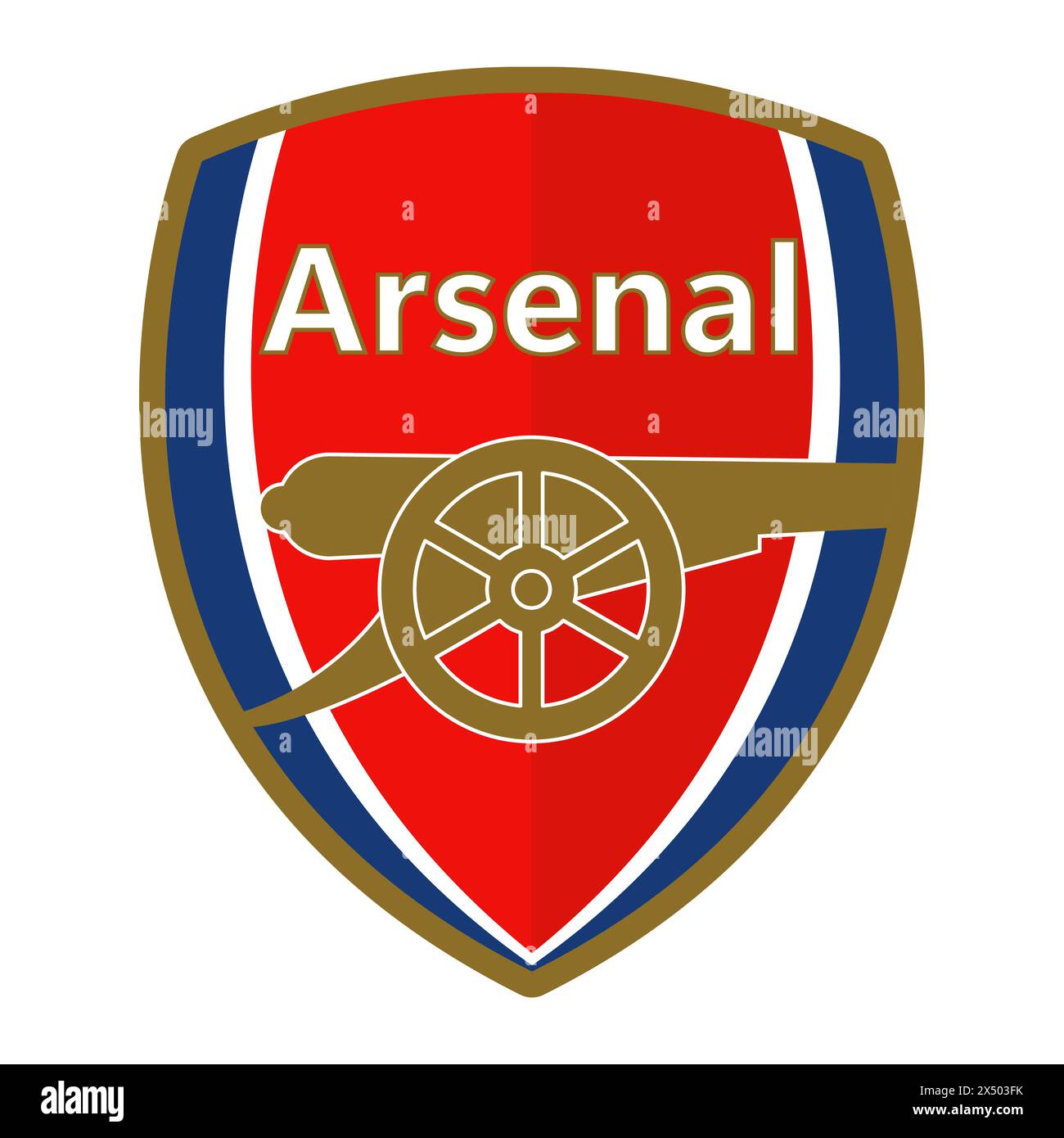 Arsenal FC emblem on classic red background. Historic football club, English Premier League, iconic cannon symbol. Editorial Stock Vector