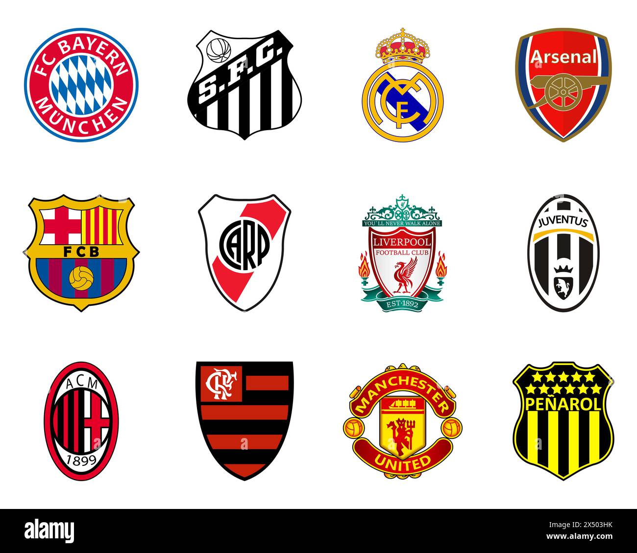 Logo football club. FC Bayern Munich, Santos, Real Madrid, Arsenal, Barcelona, River Plate, Liverpool, Juventus, Flamengo, AC Milan, Botafogo, Manches Stock Vector