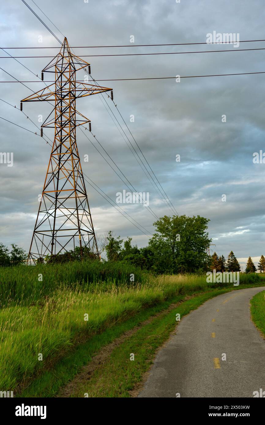 Electric pylon next to a trail in in Scarborough, Toronto, Canada Stock Photo