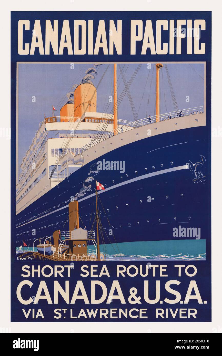 Canadian Pacific. Short sea route to Canada & U. S. A. via St. Lawrence River by E. Hamilton (dates unknown). Poster published in the 1920s in Canada. Stock Photo