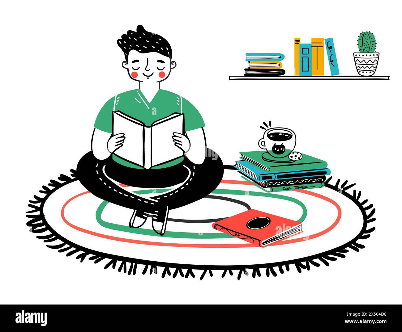 Man reading book at home, sitting on floor Stock Vector