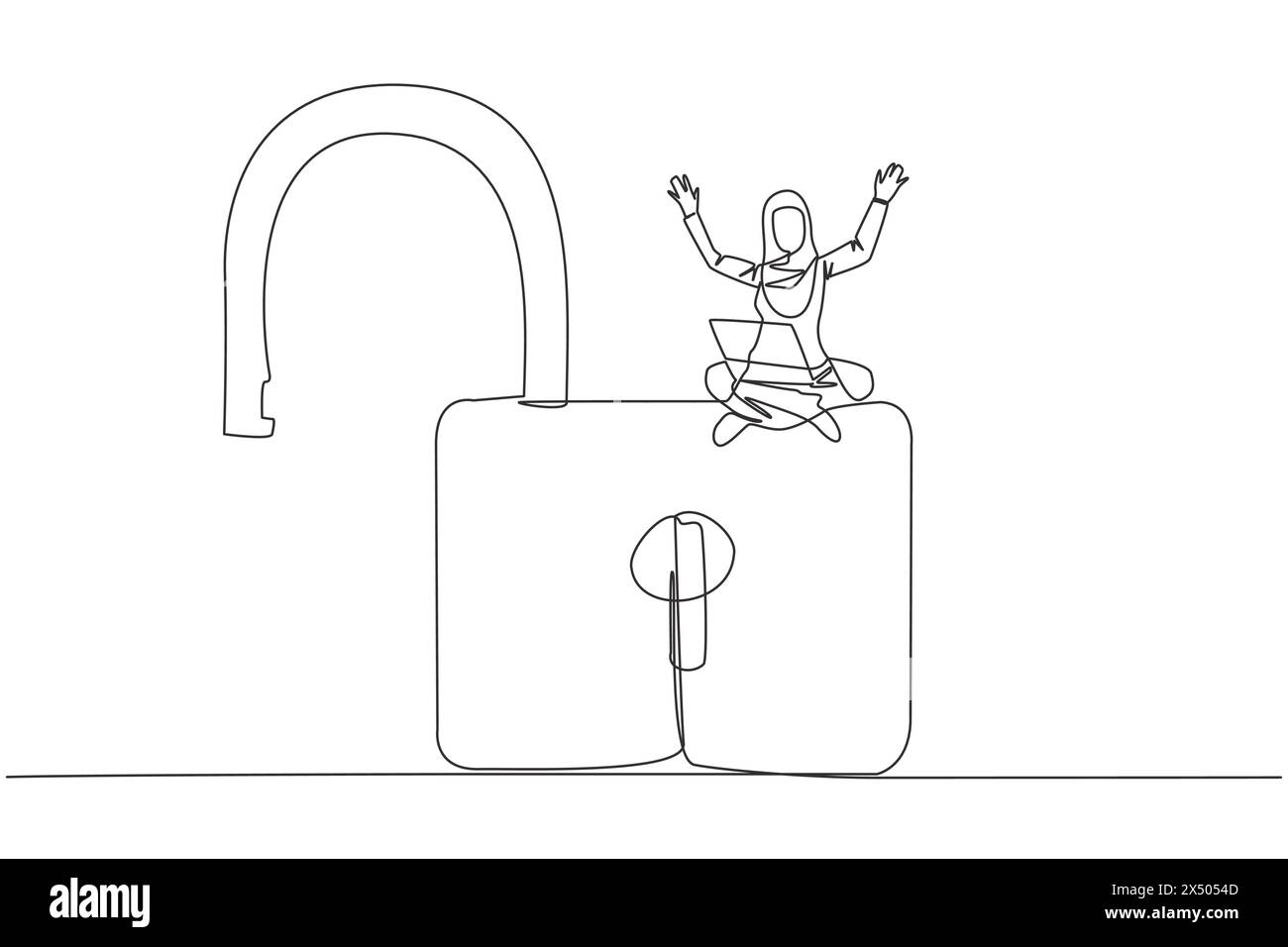 Single continuous line drawing Arabian businesswoman sitting on giant open padlock putting laptop on her thigh. Successfully unlocked layer one of web Stock Vector