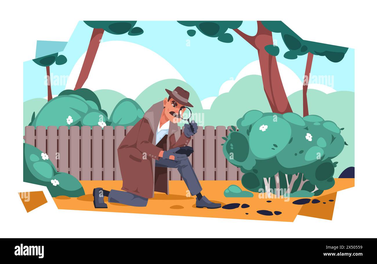 Cartoon detective character searching proof and make investigation Stock Vector