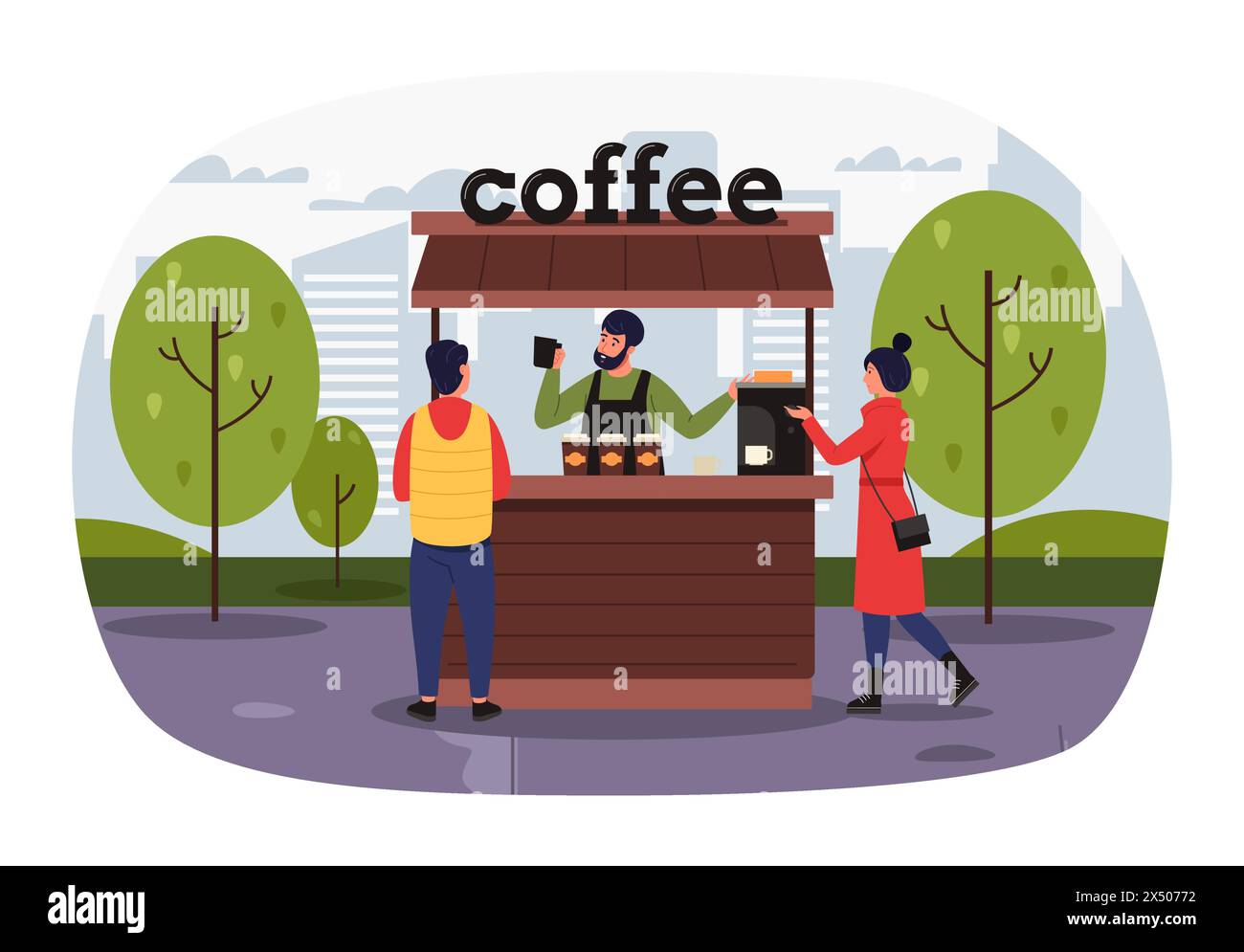 Street vendors, coffee shop and customers in park Stock Vector