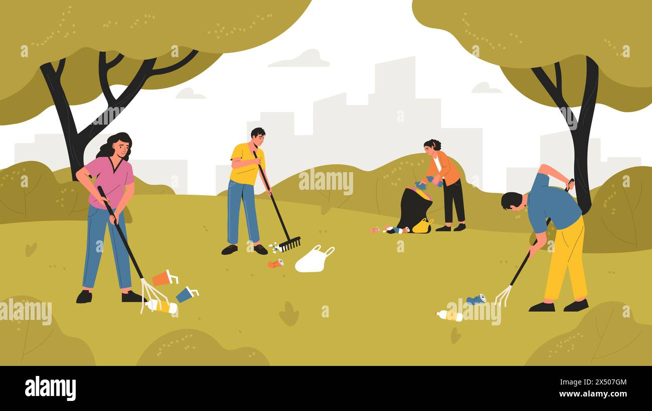 Volunteers cleaning up parks, pick up garbage Stock Vector