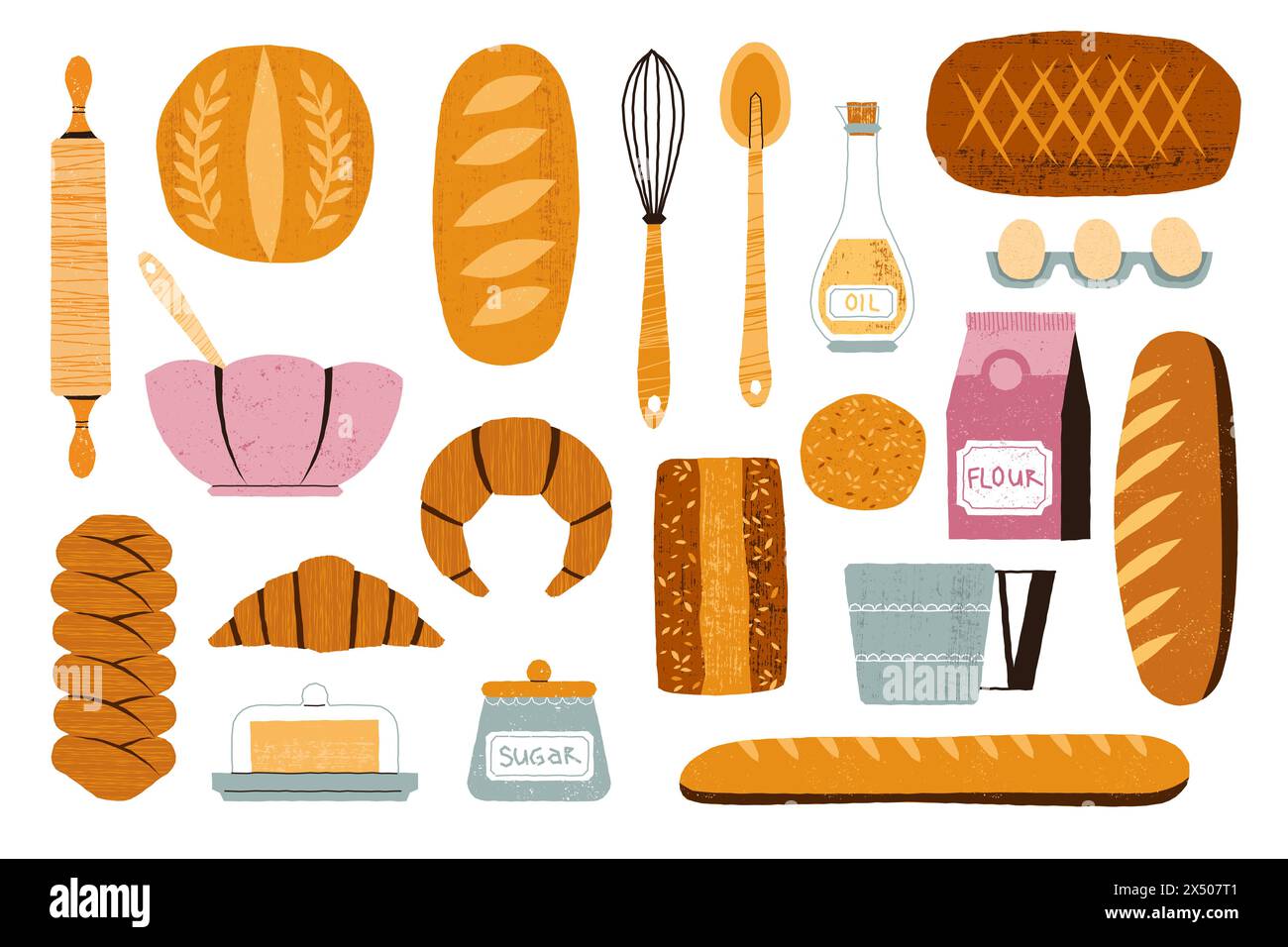 Baking ingredients. Cartoon kitchen tools and food for pastry and sweet bakery, eggs flour sugar butter milk whisk rolling pin. Vector isolated set Stock Vector