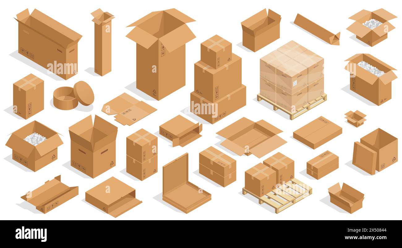 Isometric open boxes. Closed and open cardboard carton crates, square and rectangular packaging containers. Vector isolated set Stock Vector