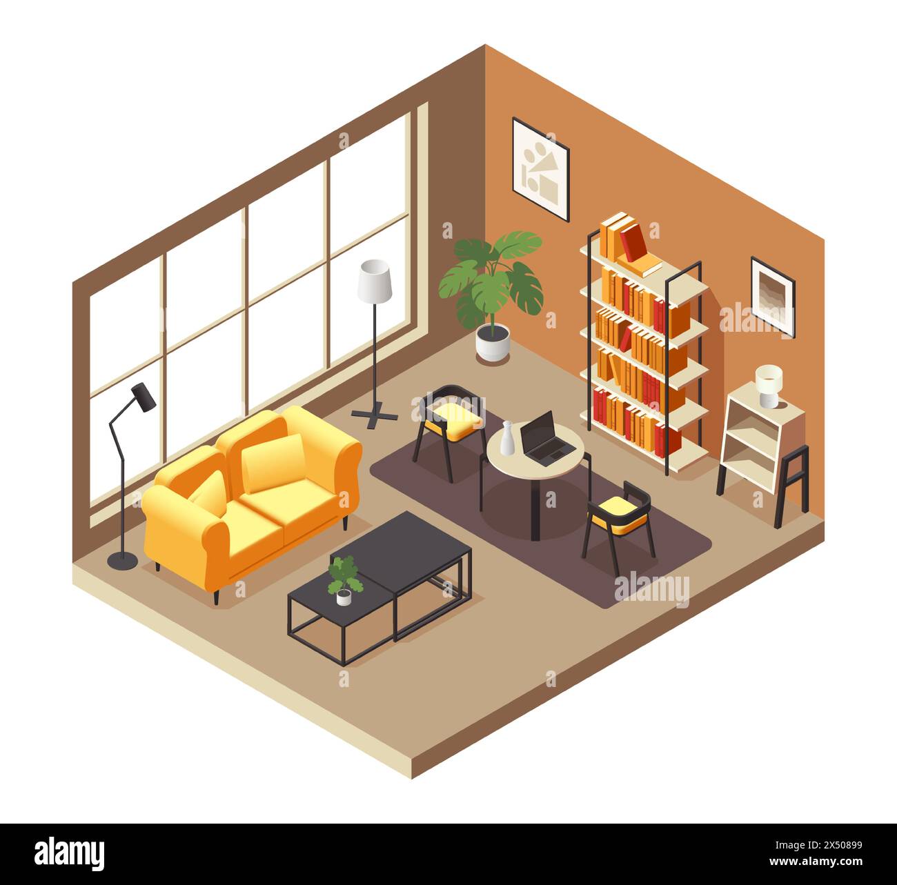 Living room isometric concept. Modern cozy apartment interior with furniture, sofa armchair coffee table and floor lamp. Vector 3D illustration Stock Vector