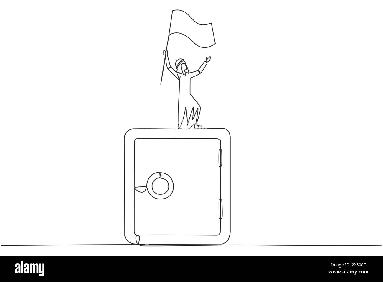 Continuous one line drawing of Arabian businessman standing on giant