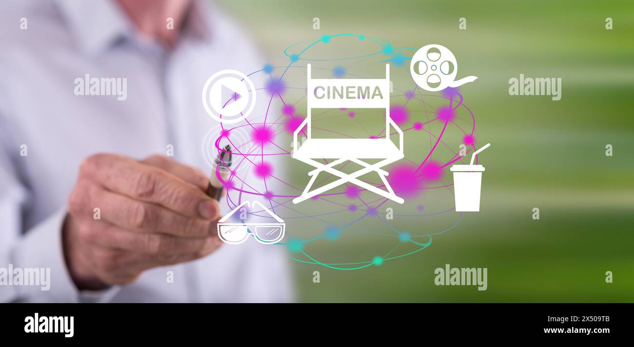 Man touching a cinema concept on a touch screen with a pen Stock Photo