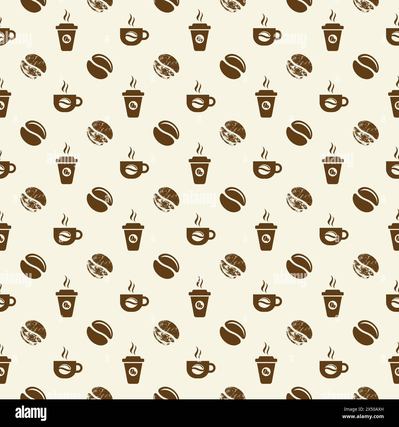 White seamless pattern background with coffee beans and cups Stock Vector