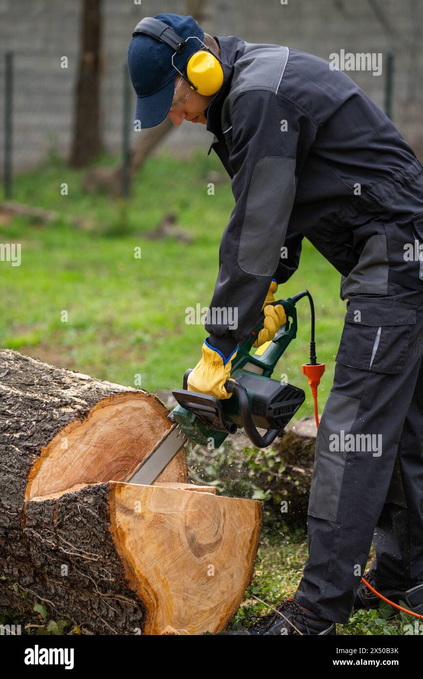 A man in uniform cuts an old tree in the yard with an electric saw Stock Photo