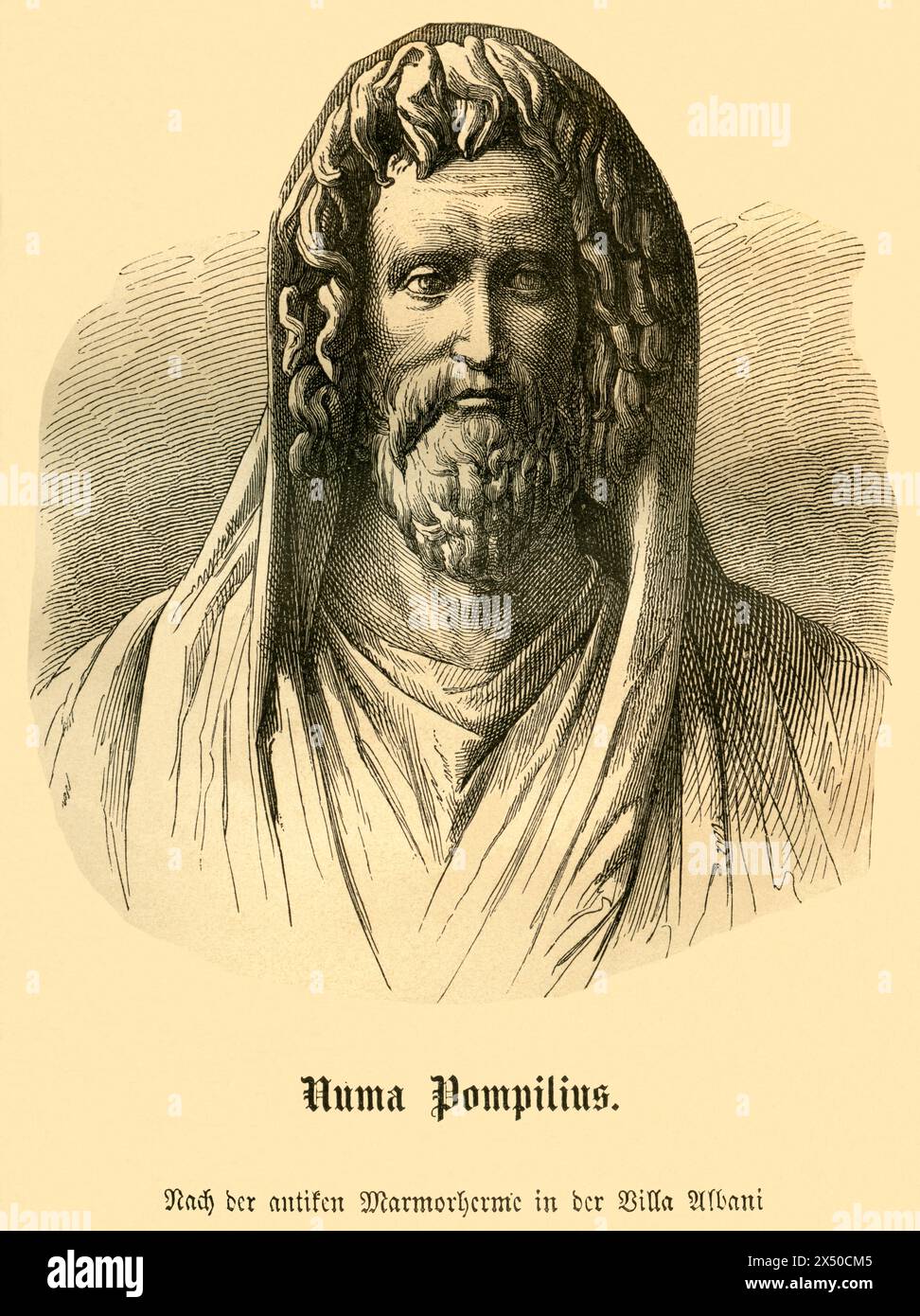 Numa Pompilius, second Roman King, engraving after the antique marble herma in the villa Albani, Italy, ARTIST'S COPYRIGHT HAS NOT TO BE CLEARED Stock Photo