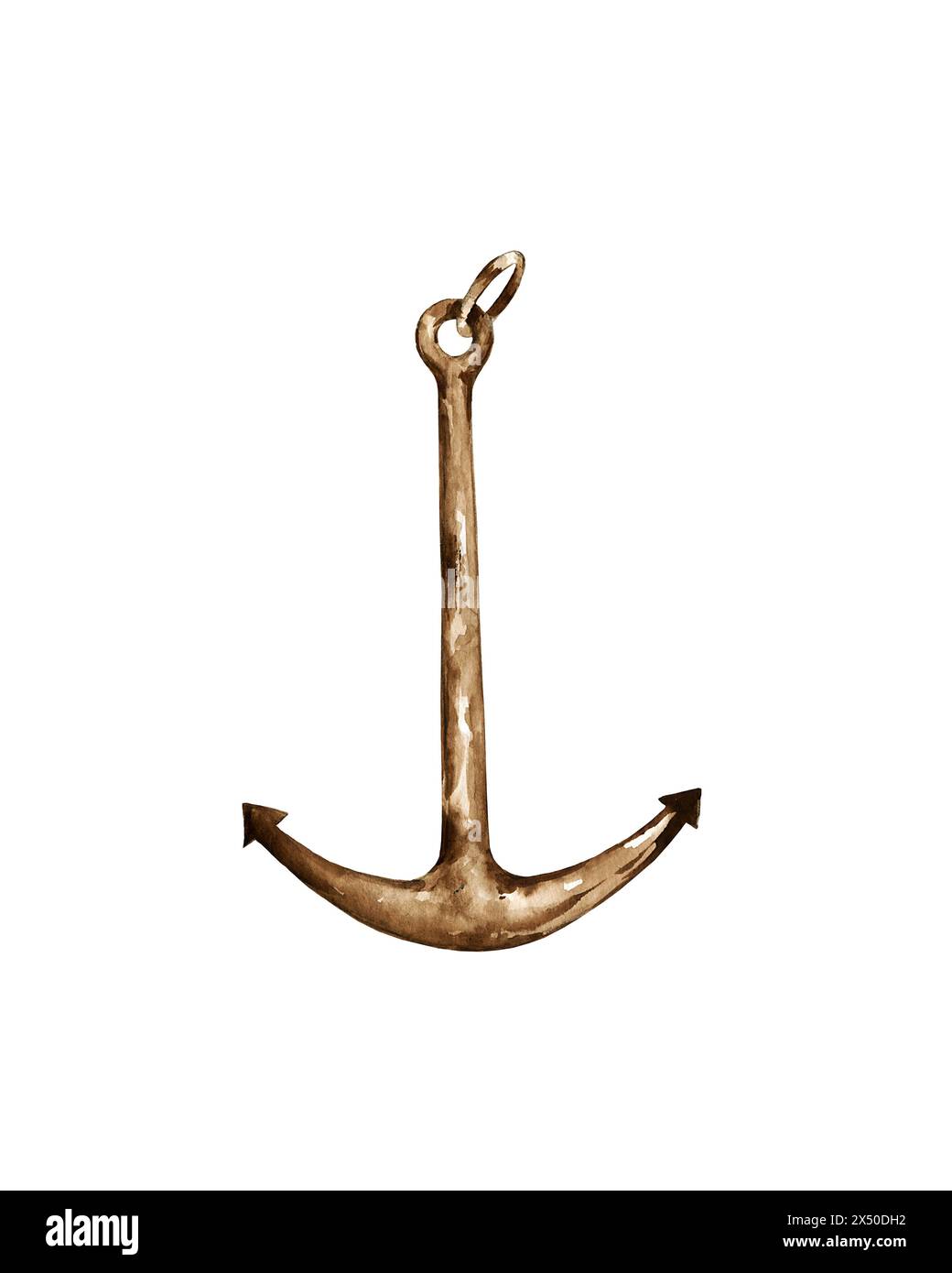 watercolor old metal rusty nautical, marine anchor, vintage brown textured boat, ship anchor, marine illustration isolated on white background, for hi Stock Photo