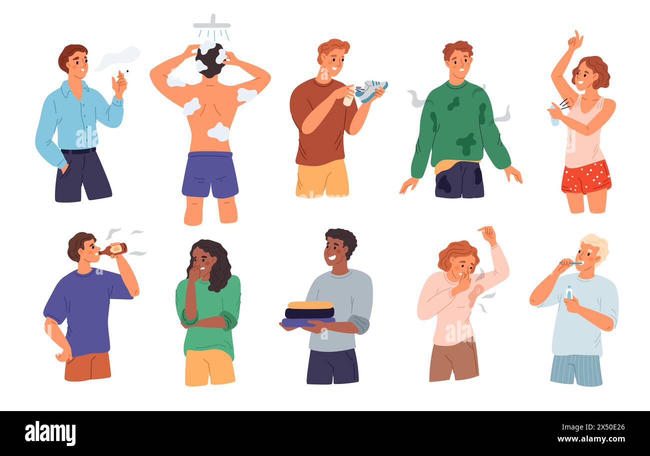 Cartoon people with bad smell. Daily hygiene. Sweating dirty man. Smoking woman. Alcohol consumption. Persons spraying deodorant and taking shower. Sw Stock Vector