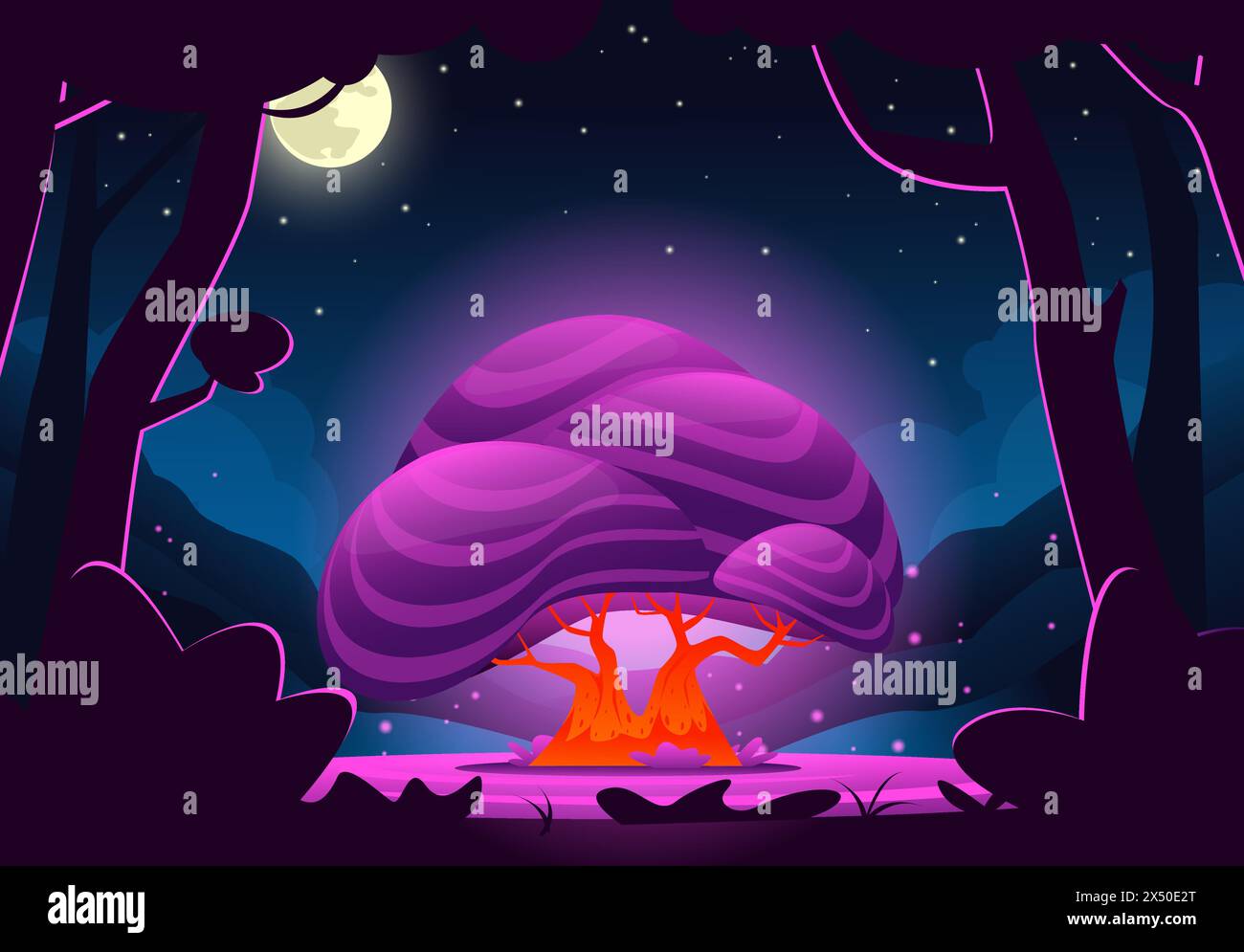 Cartoon fairytale forest landscape. Magic big tree bizarre shape ...