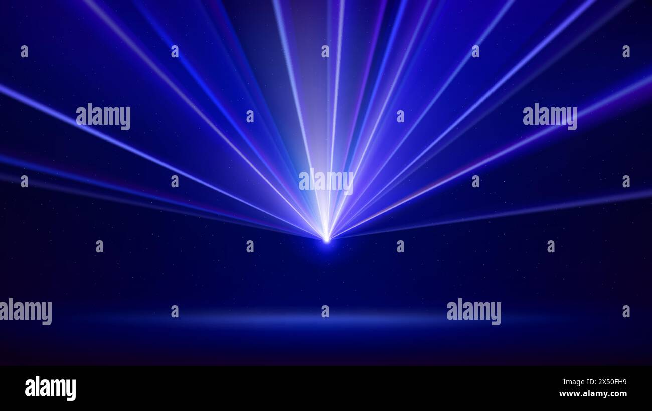 Laser light show. Bright led laser beams, dj light party. Illuminated blue stage, strobe lights. Background, backdrop for displaying products. Vector Stock Vector