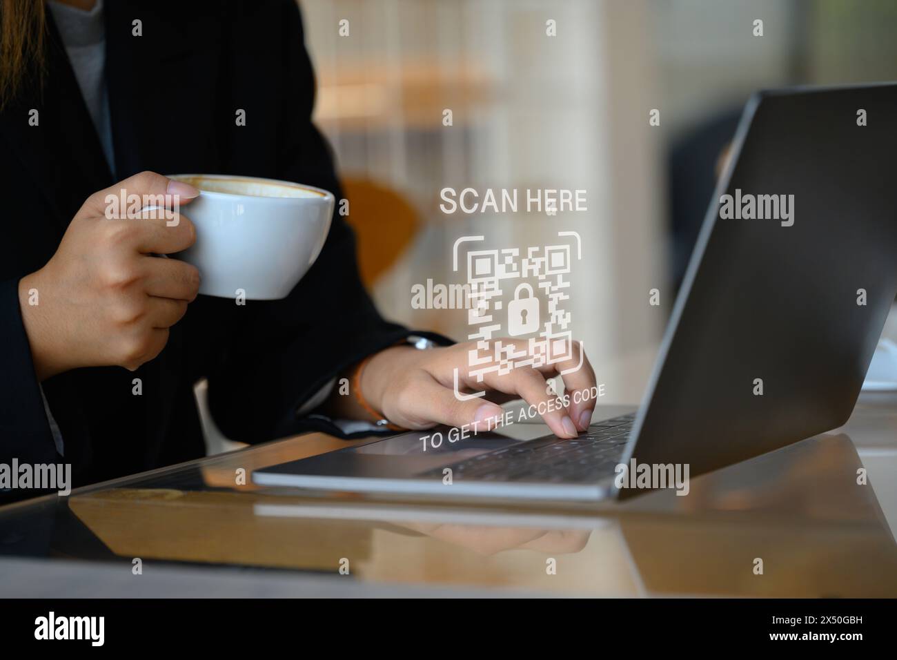 QR Codes on laptop for payment , Identification encryption and online shopping concept Stock Photo