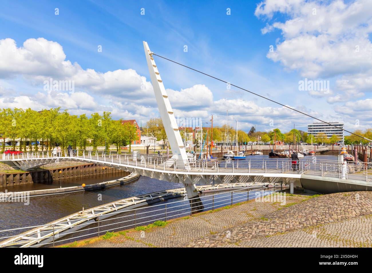 Modern drawbridge crossing the entrance to the museum ship harbor of ...