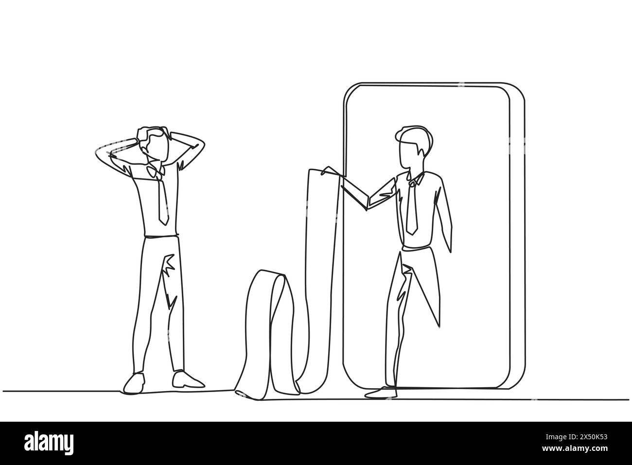 Single one line drawing of businessman standing holding head facing