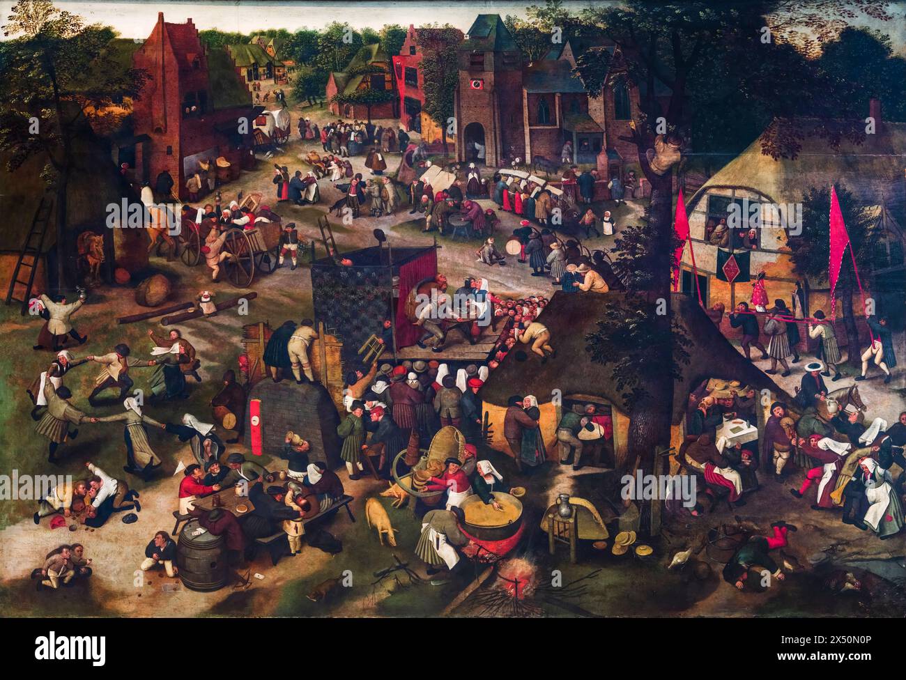 Pieter Brueghel the Younger, Kermesse with Theatre and Procession, painting in oil on wood, before 1638 Stock Photo
