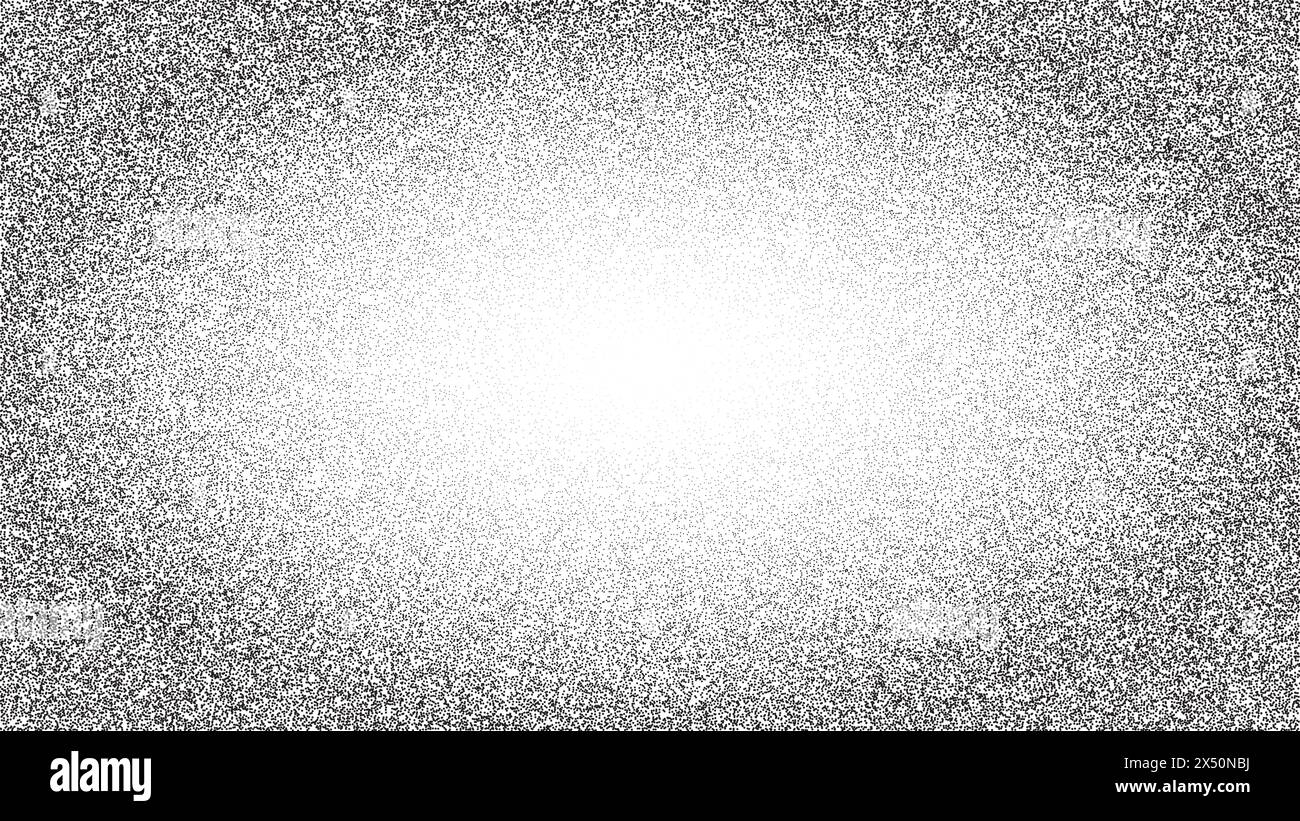 Noise dot oval gradient. Frame with grain effect. Stipple black background. Grunge texture vector pattern. Stock Vector