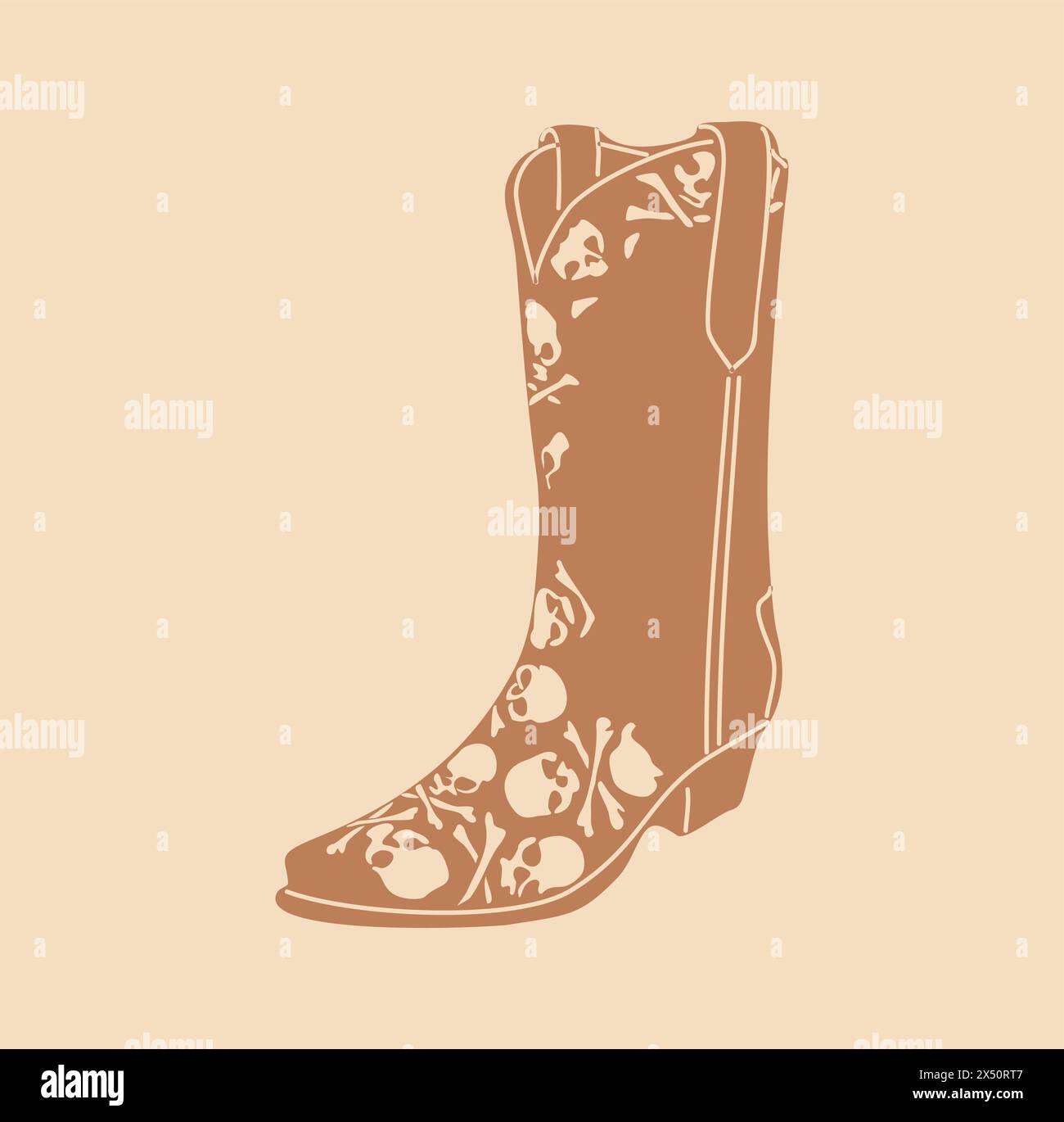 Cowgirl boots terracotta monochrome graphic. Cowboy boots stylized hand drawn vector illustration with skeleton skulls ornament isolated on beige back Stock Vector