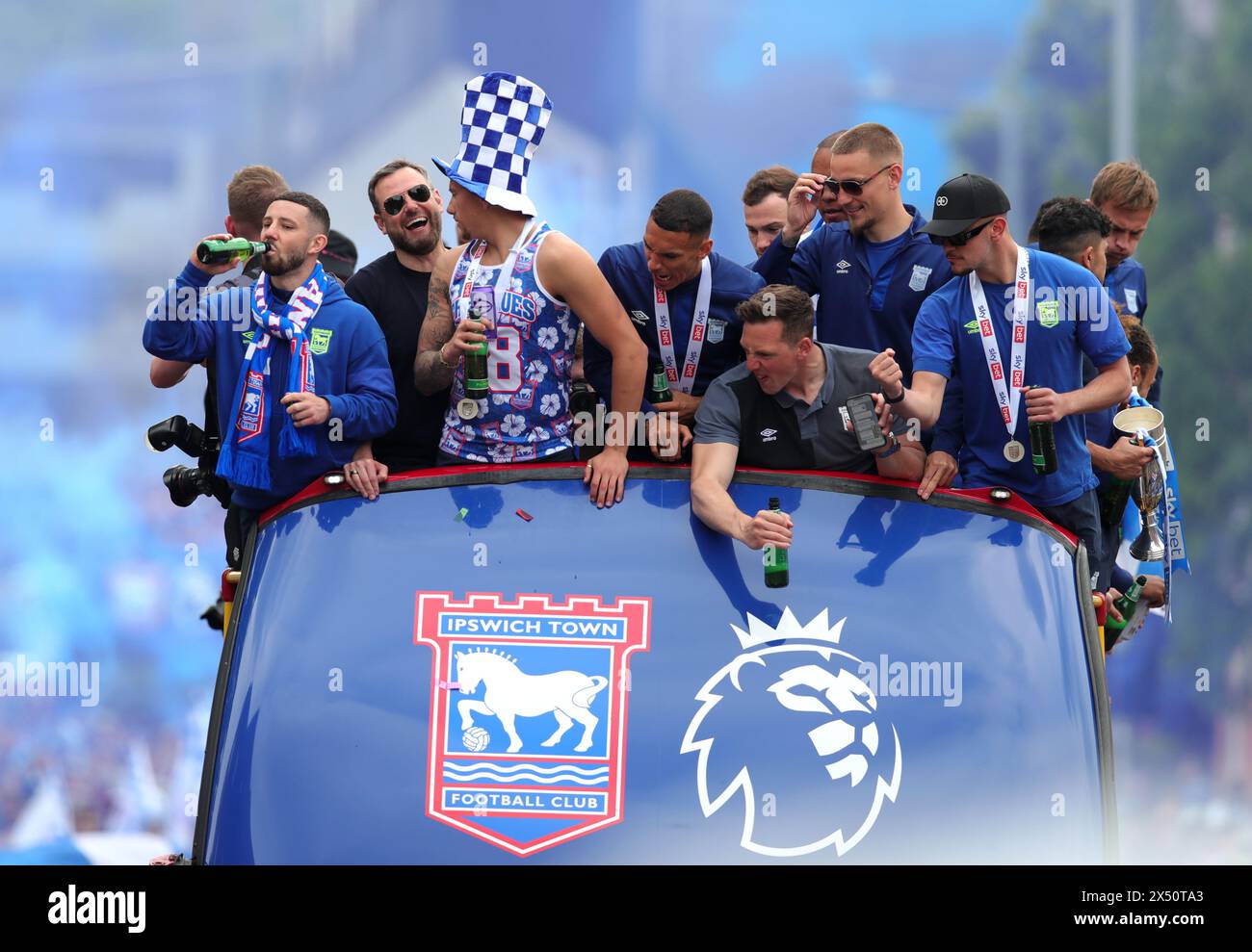 Ipswich Town players during an open-top bus parade in Ipswich to