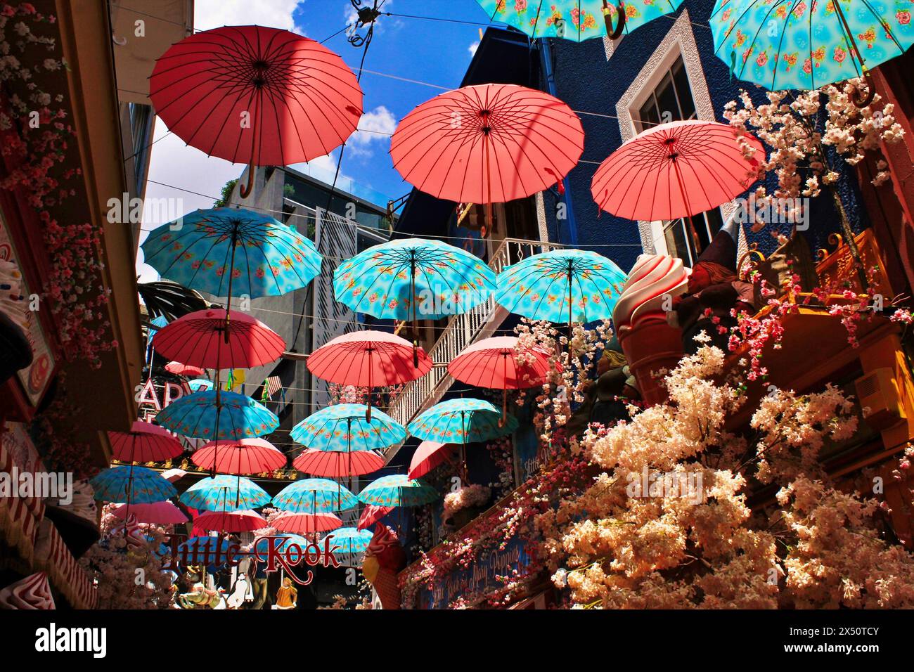 Decorative umbrellas around a fairytale-inspired cafe at Psiri neighbourhood in Athens, Greece, July 27 2020. Stock Photo