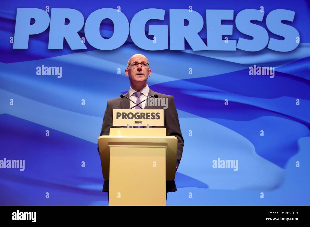 File photo dated 08/10/17 of the then Deputy First Minister of Scotland John Swinney delivering the opening address to delegates at the Scottish National Party (SNP) conference at the SEC Centre in Glasgow. Former Scottish deputy first minister John Swinney has been confirmed as the SNP's new leader - with no other possible candidates coming forward to challenge him for the position. Issue date: Monday May 6, 2024. Stock Photo
