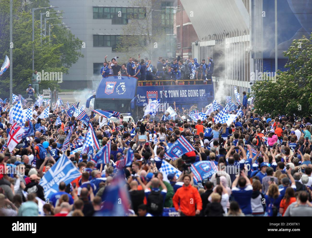 Ipswich Town players during an open-top bus parade in Ipswich to