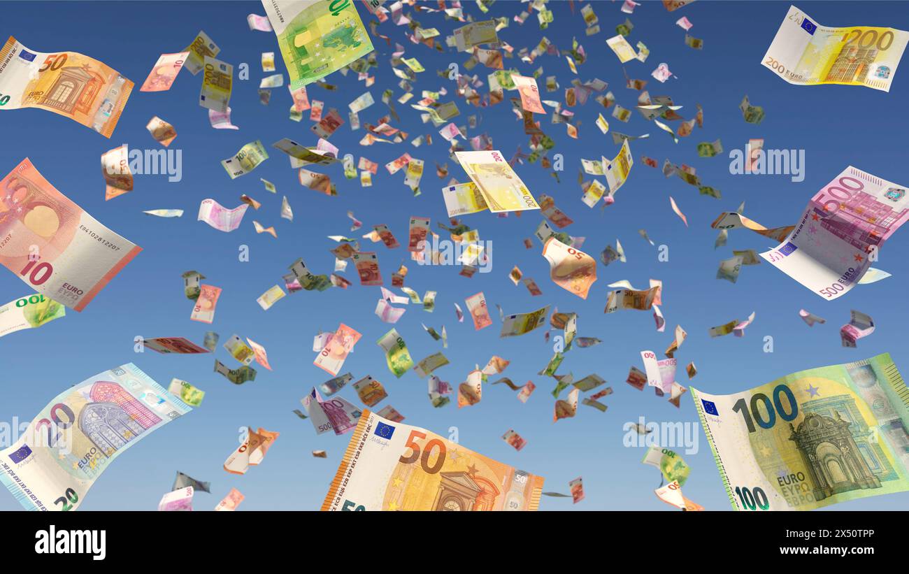 Money rain (Euro notes) from a blue sky Stock Photo